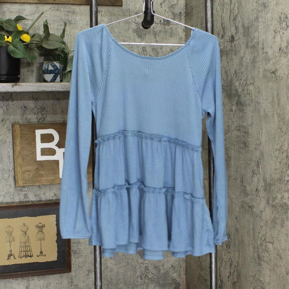 NWT Lc Lauren Conrad Womens Cozy Tiered Tunic Blouse WL24K000RS M Scrub Blue - Picture 3 of 5